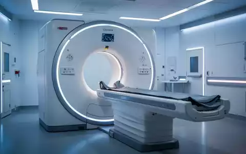 Ein moderner Computertomograph (CT-Scanner) in einem sterilen, hochtechnologischen medizinischen Raum, beleuchtet mit blauem und weißem Licht. - Foto: über boerse-global.de