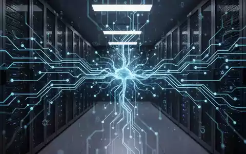 Abstrakte Darstellung eines leuchtenden blauen neuronalen Netzes oder einer Platine in einem dunklen Serverraum. - Foto: über boerse-global.de