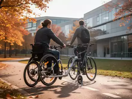 Eine Person auf einem Rollstuhlbike fährt auf einem asphaltierten Weg, umgeben von Bäumen und Gebäuden. - Foto: über boerse-global.de
