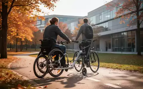 Eine Person auf einem Rollstuhlbike fährt auf einem asphaltierten Weg, umgeben von Bäumen und Gebäuden. - Foto: über boerse-global.de