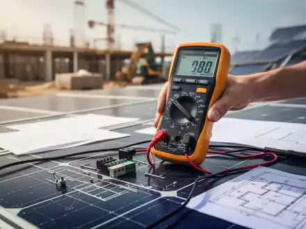 Nahaufnahme einer Hand, die ein Multimeter an einem Photovoltaikmodul hält, mit unscharfem Hintergrund einer Baustelle und Bauplänen. - Foto: über boerse-global.de