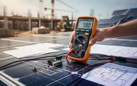 Nahaufnahme einer Hand, die ein Multimeter an einem Photovoltaikmodul hält, mit unscharfem Hintergrund einer Baustelle und Bauplänen. - Foto: über boerse-global.de