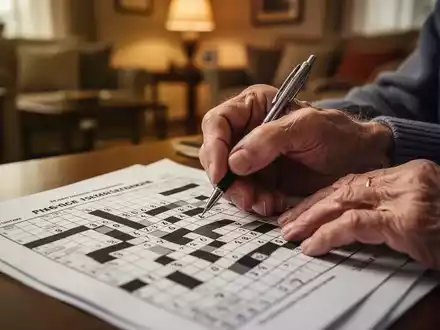 Nahaufnahme der Hände einer älteren Person, die ein Kreuzworträtsel mit einem Stift löst, mit unscharfem Hintergrund eines Wohnzimmers. - Foto: über boerse-global.de