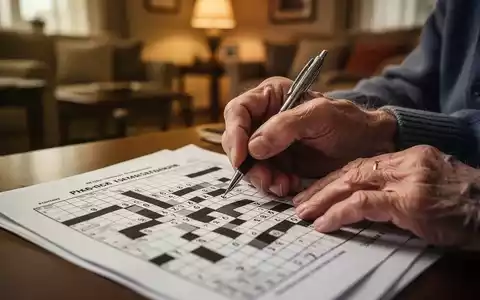 Nahaufnahme der Hände einer älteren Person, die ein Kreuzworträtsel mit einem Stift löst, mit unscharfem Hintergrund eines Wohnzimmers. - Foto: über boerse-global.de
