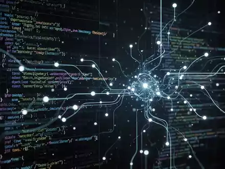 Abstrakte Darstellung von Datenfluss und Code auf einem dunklen Hintergrund, der Open-Source-Konzepte für Produktivität symbolisiert. - Foto: über boerse-global.de