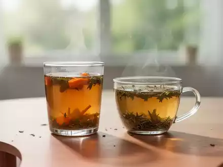 Ein Glas Gemüsebrühe und eine Tasse Kräutertee auf einem Holztisch, im Hintergrund eine ruhige Umgebung, die Fasten symbolisiert. - Foto: über boerse-global.de