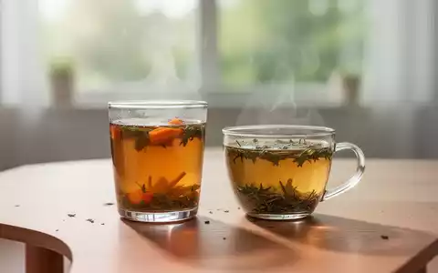 Ein Glas Gemüsebrühe und eine Tasse Kräutertee auf einem Holztisch, im Hintergrund eine ruhige Umgebung, die Fasten symbolisiert. - Foto: über boerse-global.de