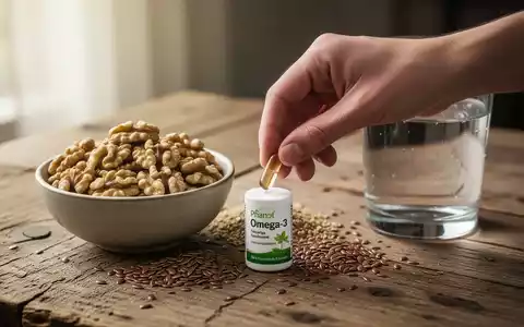 Eine Hand legt eine pflanzliche Omega-3-Kapsel neben Walnüssen, Leinsamen und einem Glas Wasser auf einen Holztisch. - Foto: über boerse-global.de
