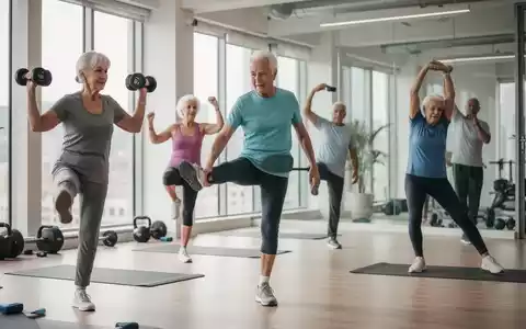 Ältere Menschen trainieren in einem Fitnessstudio, heben Gewichte, machen Balanceübungen und dehnen sich, symbolisierend Langlebigkeit. - Foto: über boerse-global.de