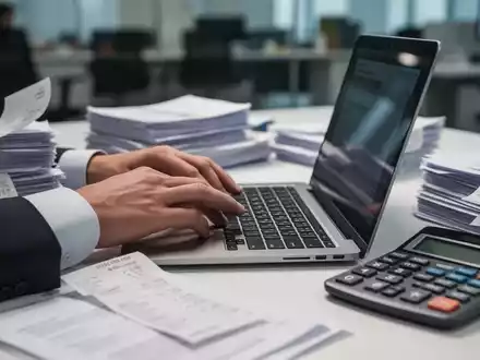 Hände tippen auf einer Laptoptastatur, umgeben von Finanzdokumenten und einem Taschenrechner auf einem Schreibtisch. - Foto: über boerse-global.de