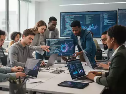 Eine Gruppe Erwachsener lernt in einem modernen Klassenzimmer, nutzt Laptops und Tablets. Fokus auf digitale Kompetenzen und Weiterbildung. - Foto: über boerse-global.de