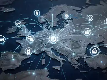 Digitale Illustration von Zahlungssymbolen und Verbindungslinien über einer Europakarte, die PayPals Integration und Datenfluss symbolisieren. - Foto: über boerse-global.de