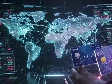 Lebendige digitale Zahlungsoberfläche mit leuchtenden Daten, Linien zwischen globalen Städten und stilisierten Kreditkarten, die Fintech-Wachstum symbolisieren. - Foto: über boerse-global.de