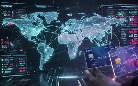 Lebendige digitale Zahlungsoberfläche mit leuchtenden Daten, Linien zwischen globalen Städten und stilisierten Kreditkarten, die Fintech-Wachstum symbolisieren. - Foto: über boerse-global.de