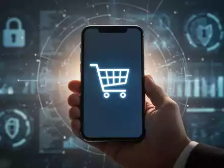 Eine Hand hält ein Smartphone mit einem sicheren Warenkorb-Symbol auf dem Bildschirm, im Hintergrund verschwommene digitale Elemente. - Foto: über boerse-global.de