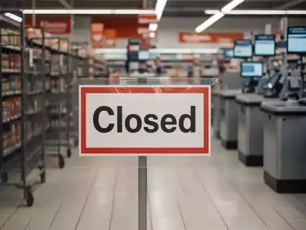 Leerer Supermarktgangle mit einem 'Geschlossen'-Schild und unscharfen Selbstbedienungskassen im Hintergrund, das den Personalmangel im Einzelhandel symbolisiert. - Foto: über boerse-global.de