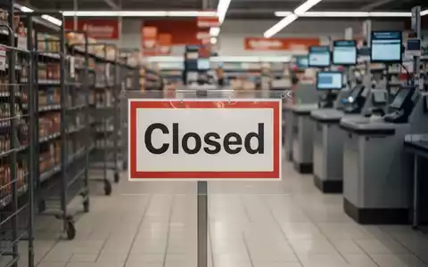 Leerer Supermarktgangle mit einem 'Geschlossen'-Schild und unscharfen Selbstbedienungskassen im Hintergrund, das den Personalmangel im Einzelhandel symbolisiert. - Foto: über boerse-global.de