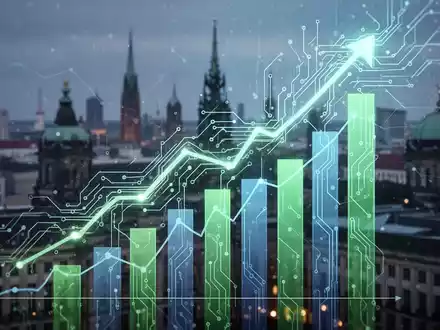 Eine stilisierte, leuchtende neuronale Netzwerkgrafik, die in ein aufwärts gerichtetes Balkendiagramm integriert ist und Start-up-Wachstum symbolisiert. - Foto: über boerse-global.de