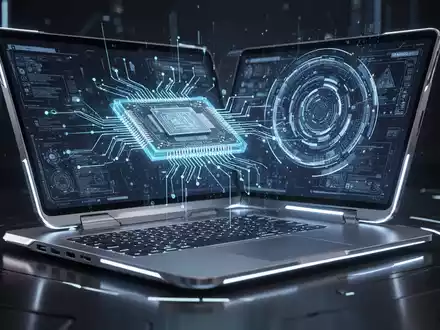 Zukunftsweisendes, ultradünnes Laptop mit leuchtendem Bildschirm, das eine komplexe Leiterplatte zeigt. Es scheint zu schweben. - Foto: über boerse-global.de