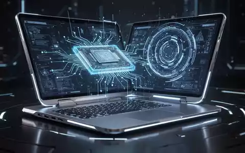Zukunftsweisendes, ultradünnes Laptop mit leuchtendem Bildschirm, das eine komplexe Leiterplatte zeigt. Es scheint zu schweben. - Foto: über boerse-global.de