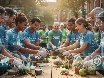 Menschen engagieren sich in einer Gemeinschaftsaktion, kombiniert mit Finanzsymbolen, die Sparen und soziale Zwecke visualisieren. - Foto: über boerse-global.de