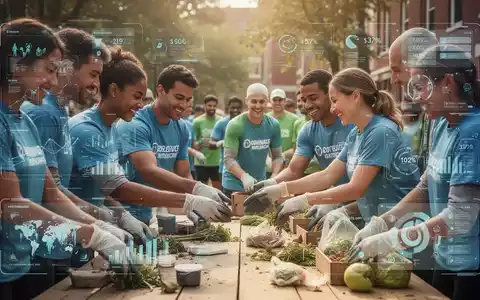 Menschen engagieren sich in einer Gemeinschaftsaktion, kombiniert mit Finanzsymbolen, die Sparen und soziale Zwecke visualisieren. - Foto: über boerse-global.de