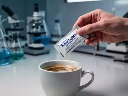 Eine Hand hält eine Süßstoffpackung über eine Kaffeetasse, mit unscharfem Hintergrund von Laborgeräten. - Foto: über boerse-global.de