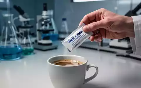 Eine Hand hält eine Süßstoffpackung über eine Kaffeetasse, mit unscharfem Hintergrund von Laborgeräten. - Foto: über boerse-global.de