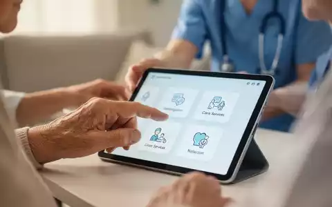 Nahaufnahme der Hand einer älteren Person, die ein modernes Tablet bedient, im Hintergrund eine unscharfe Pflegekraft. - Foto: über boerse-global.de