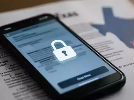 Ein Smartphone-Bildschirm mit einem Schlosssymbol und einem unscharfen Hintergrund eines Rechtsdokuments, mit einer dezenten Umrisskarte von Texas. - Foto: ĂŒber boerse-global.de