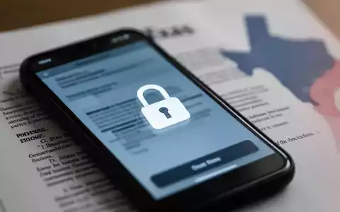 Ein Smartphone-Bildschirm mit einem Schlosssymbol und einem unscharfen Hintergrund eines Rechtsdokuments, mit einer dezenten Umrisskarte von Texas. - Foto: über boerse-global.de