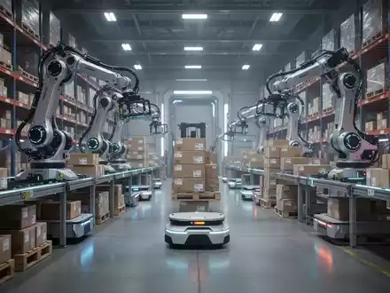 KI-gesteuerte Roboterarme und autonome Roboter in einem modernen Lagerhaus, Symbol für automatisierte Logistik und Effizienz. - Foto: über boerse-global.de
