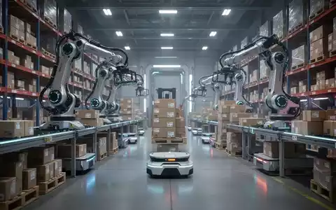 KI-gesteuerte Roboterarme und autonome Roboter in einem modernen Lagerhaus, Symbol für automatisierte Logistik und Effizienz. - Foto: über boerse-global.de