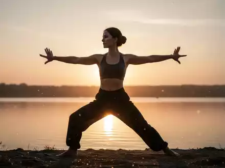 Eine Frau führt eine ruhige Qi Gong-Bewegung bei Sonnenaufgang am Wasser aus, die Präsenz und Energie symbolisiert. - Foto: über boerse-global.de