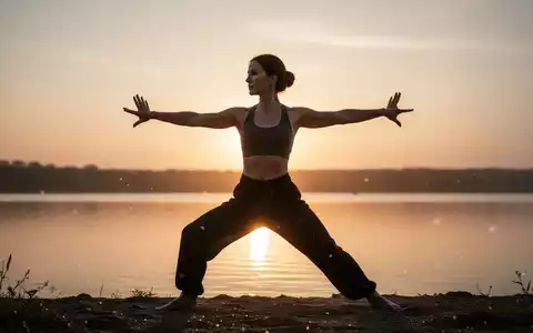 Eine Frau führt eine ruhige Qi Gong-Bewegung bei Sonnenaufgang am Wasser aus, die Präsenz und Energie symbolisiert. - Foto: über boerse-global.de