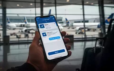 Eine Hand hält ein Smartphone mit einer Flugverspätungsanzeige, im Hintergrund unscharf ein Flughafen. Symbolisiert Reiseverzögerungen und Rechtsansprüche. - Foto: über boerse-global.de