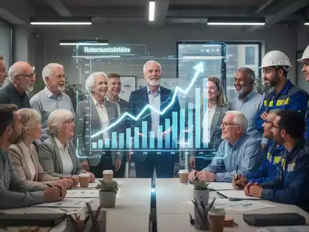 Eine vielfältige Gruppe deutscher Angestellter blickt auf eine holografische Finanzgrafik, die Altersvorsorge und Wachstum symbolisiert. - Foto: über boerse-global.de