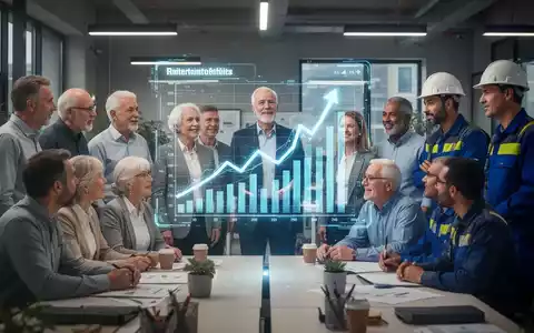 Eine vielfältige Gruppe deutscher Angestellter blickt auf eine holografische Finanzgrafik, die Altersvorsorge und Wachstum symbolisiert. - Foto: über boerse-global.de