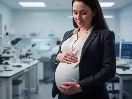 Eine schwangere Frau in Berufsbekleidung steht in einem modernen Labor oder einer Arztpraxis und berührt sanft ihren Bauch. - Foto: über boerse-global.de
