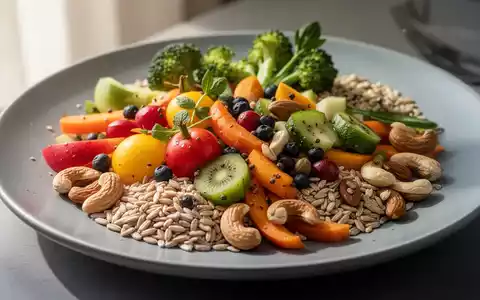 Ein Teller mit einer gesunden Mahlzeit, reich an Gemüse, Obst, Nüssen und Vollkornprodukten, die eine antientzündliche Ernährung symbolisiert. - Foto: über boerse-global.de