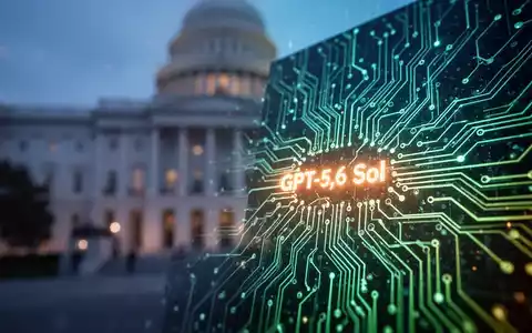 Eine futuristische, leuchtende Platine mit dem Schriftzug 'GPT-5.6 Sol' vor einem unscharfen Regierungsgebäude. - Foto: über boerse-global.de