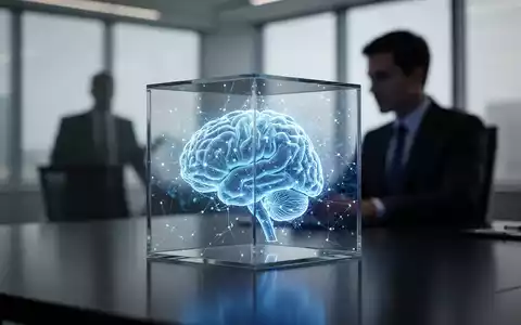 Ein stilisiertes, leuchtend blaues KI-Gehirn in einem Glaskubus auf einem Schreibtisch, mit der verschwommenen Silhouette einer Person im Hintergrund. - Foto: über boerse-global.de