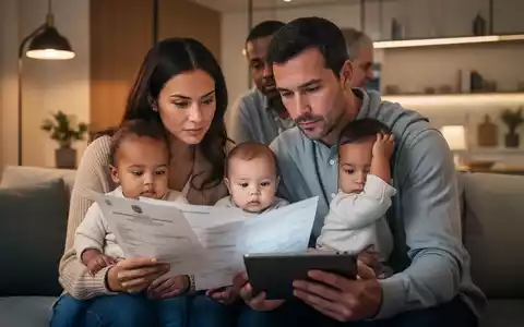 Eltern mit Baby betrachten nachdenklich Dokumente, die Regierungsreformen und Elterngeld symbolisieren. - Foto: über boerse-global.de