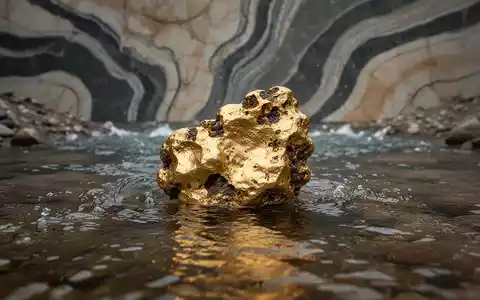 Ein Goldklumpen, der im Wasser liegt, mit abstrakten geologischen Mustern im Hintergrund. - Foto: über boerse-global.de