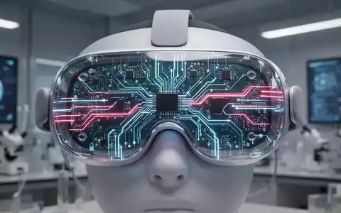 Nahaufnahme eines futuristischen AR-Headsets mit sichtbaren Schaltkreisen und leuchtenden Datenlinien im Labor. - Foto: über boerse-global.de