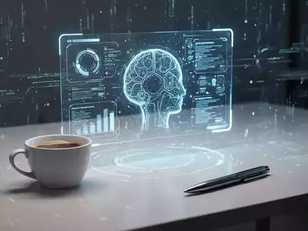 Ein stilisiertes Bild, das Produktivität darstellt, mit einer schimmernden, holografischen KI-Oberfläche und einem organisierten Schreibtisch. - Foto: über boerse-global.de