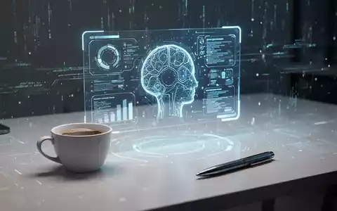 Ein stilisiertes Bild, das Produktivität darstellt, mit einer schimmernden, holografischen KI-Oberfläche und einem organisierten Schreibtisch. - Foto: über boerse-global.de