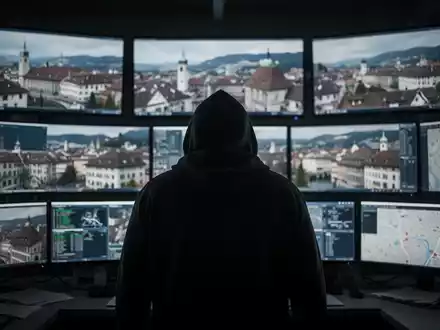 Eine Person im Kapuzenpulli steht in einem Überwachungsraum vor Bildschirmen, die unscharfe Schweizer Stadtansichten zeigen. - Foto: über boerse-global.de