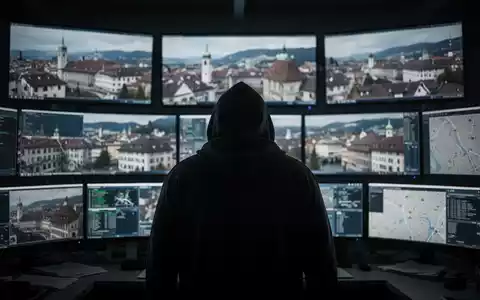 Eine Person im Kapuzenpulli steht in einem Überwachungsraum vor Bildschirmen, die unscharfe Schweizer Stadtansichten zeigen. - Foto: über boerse-global.de