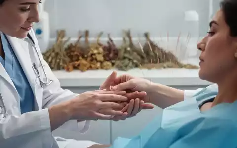 Eine Hand im modernen medizinischen Kittel berührt sanft die Hand eines Patienten, mit verschwommenen traditionellen Heilkräutern im Hintergrund. - Foto: über boerse-global.de